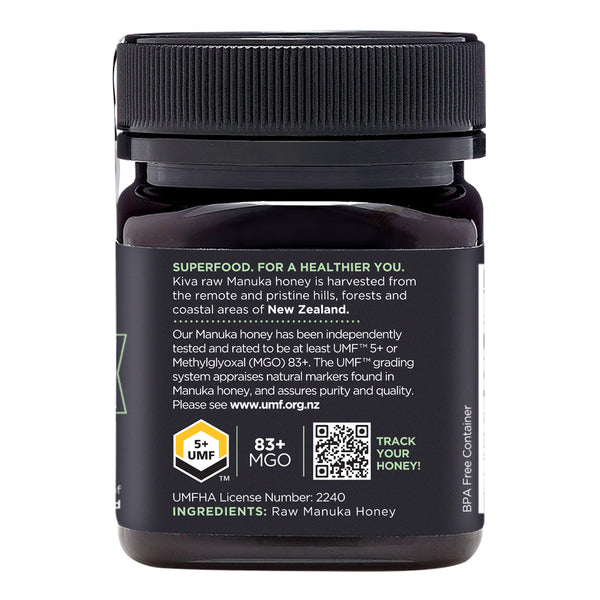 Kiva New Zealand Manuka Honey UMF 5+ | MGO 83+ to assure purity, quality, authenticity.